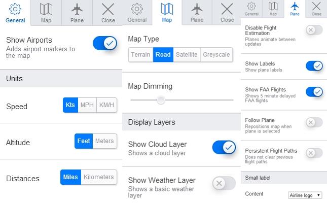 Map filters on the real time aircraft tracking system - PlaneFinder