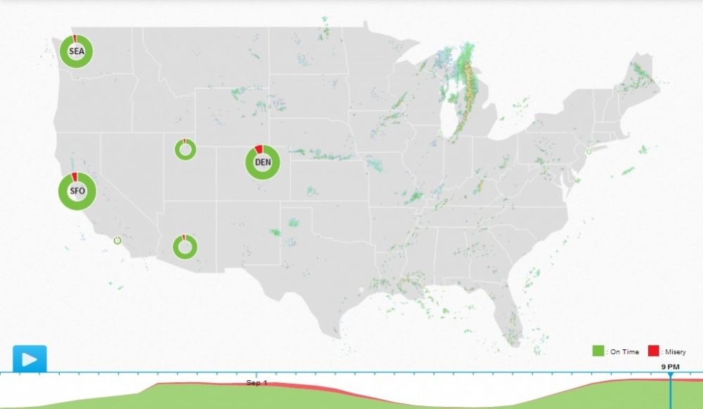 MyseryMap is an interactive map that shows all flight delays in real time