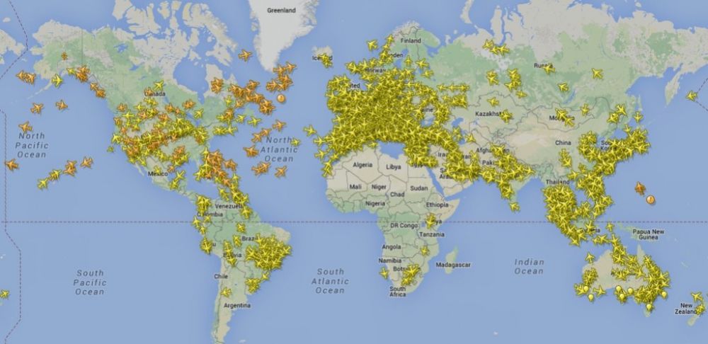 Coverage of the real time aircraft tracking system FlightRadar24