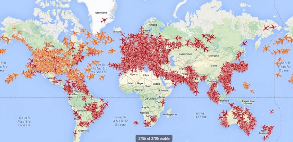 Coverage of the flight tracking system PlaneFinder